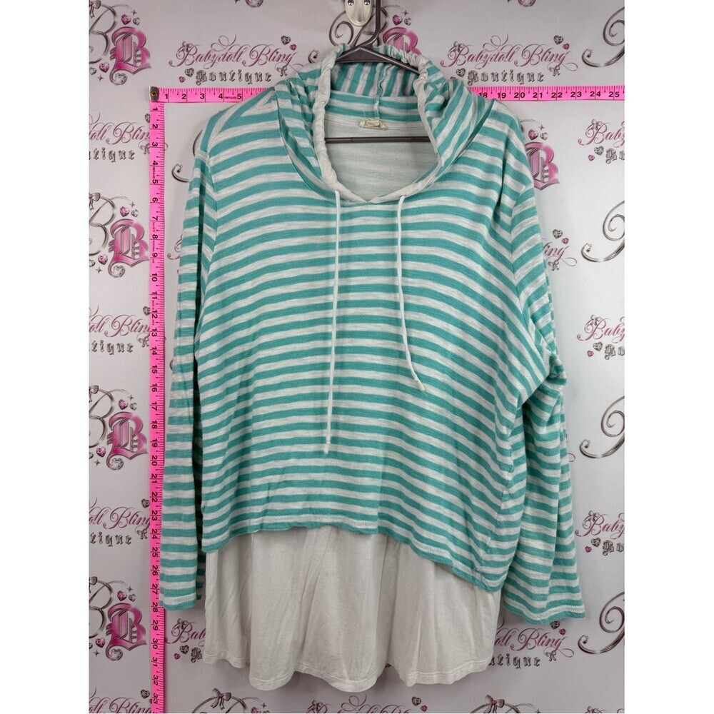 Tribal sweater hoodie pull over blue Teal and White Striped Hooded Layered Top